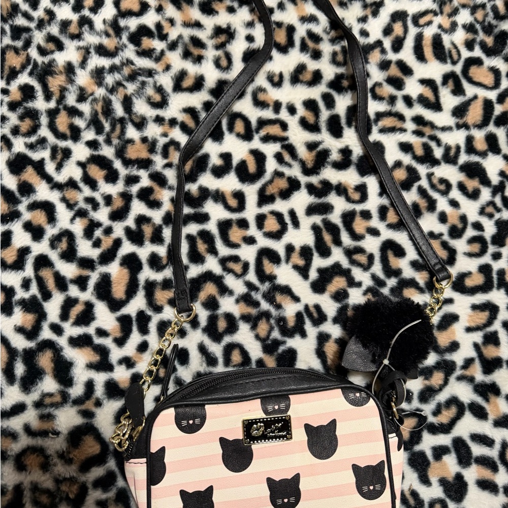 Betsey Johnson Pink and Black Cat Crossbody Bag